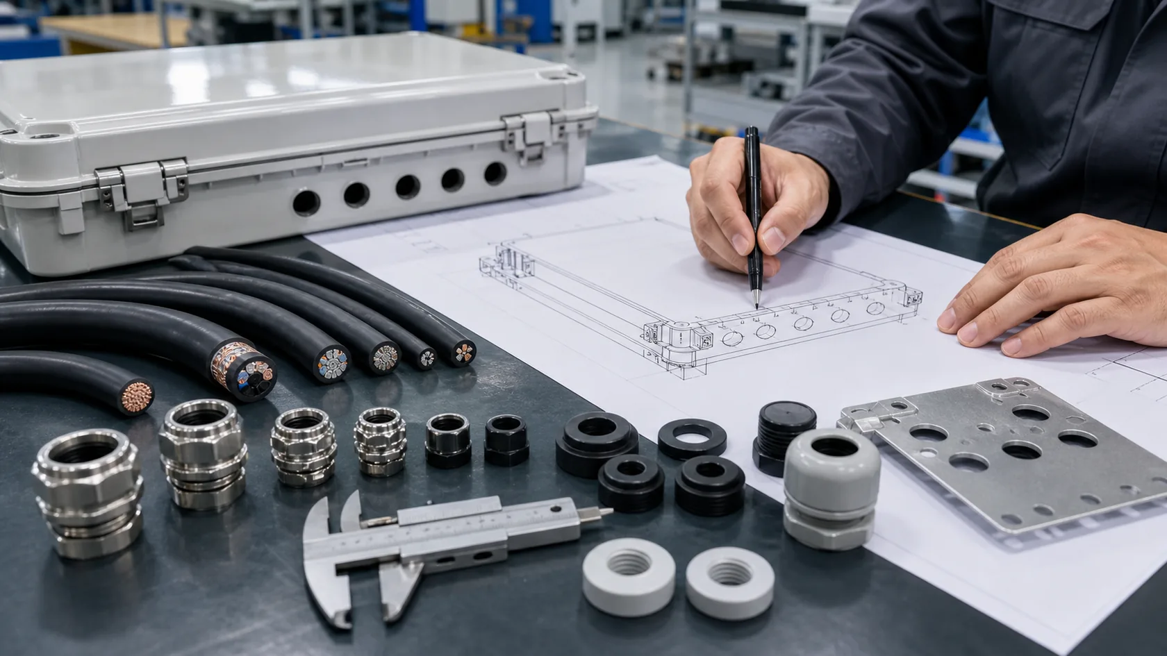 Supplier checking cable diameters, glands, washers, and entry positions before production