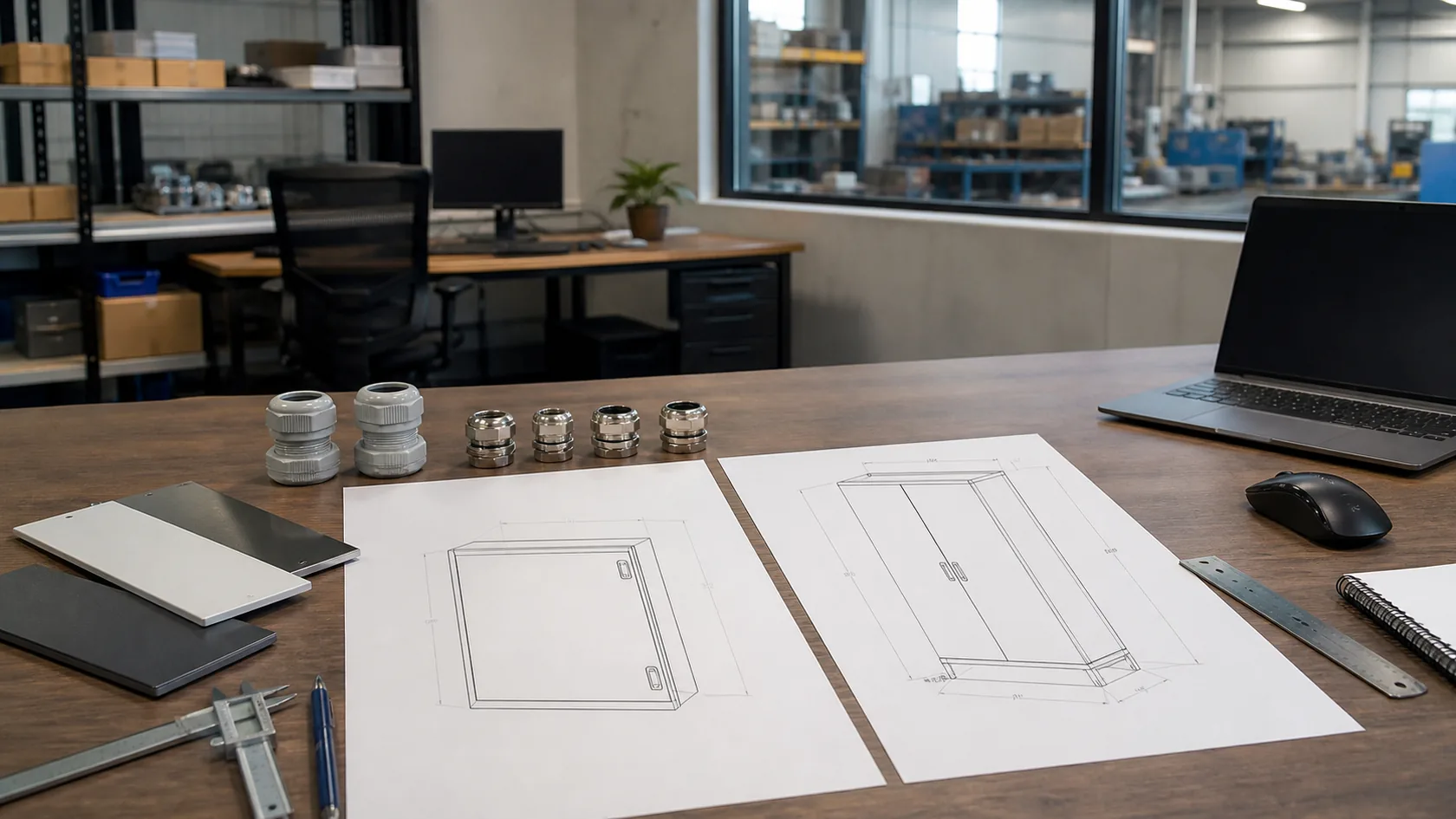 Engineering desk comparing wall mount and floor standing enclosure drawings