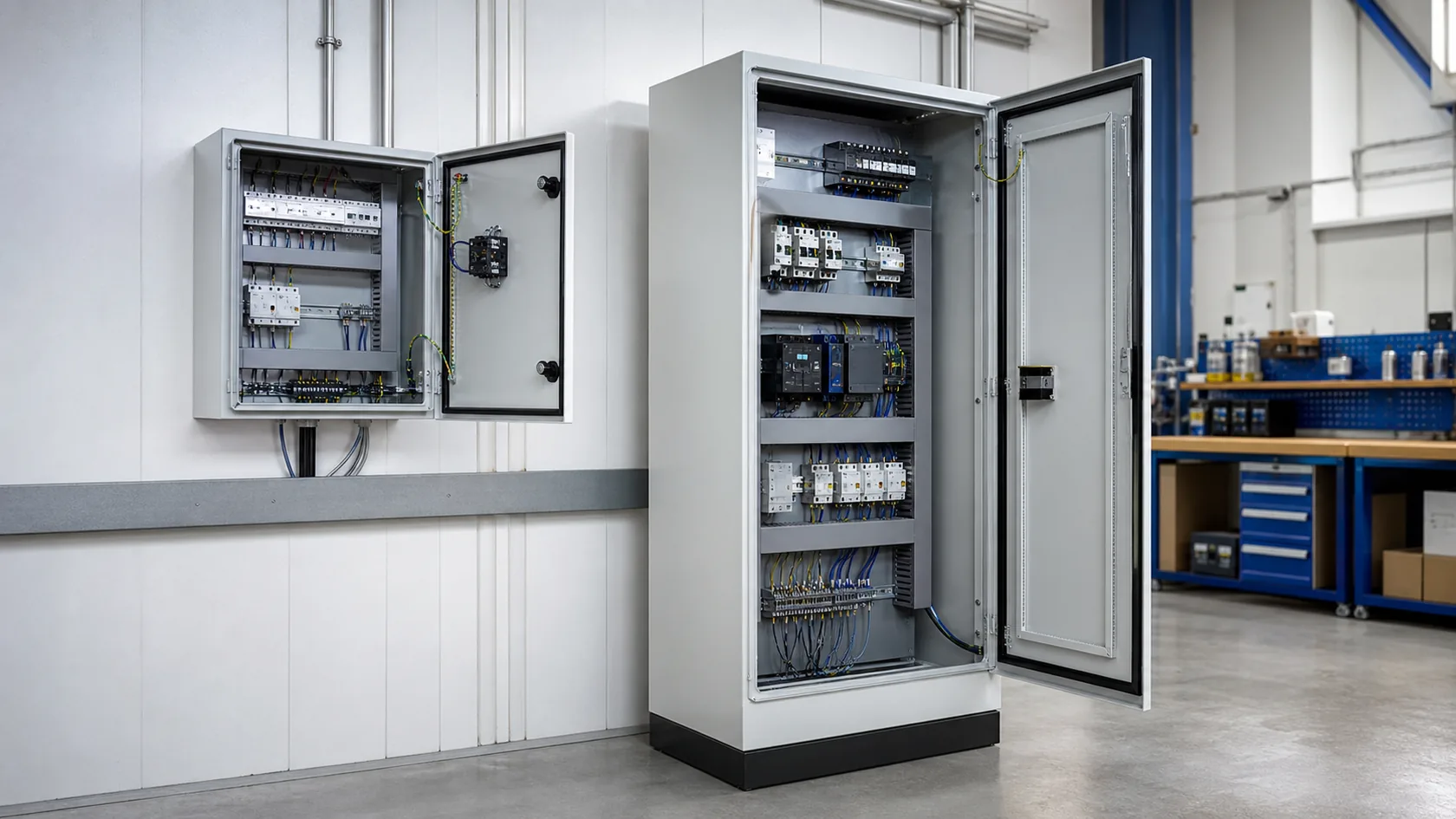 Wall-mounted electrical enclosure and floor-standing control cabinet compared in a workshop