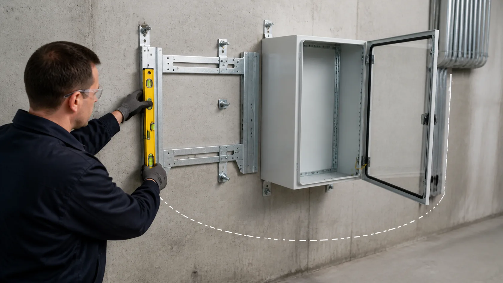 Technician checking wall brackets and door swing clearance for an electrical enclosure