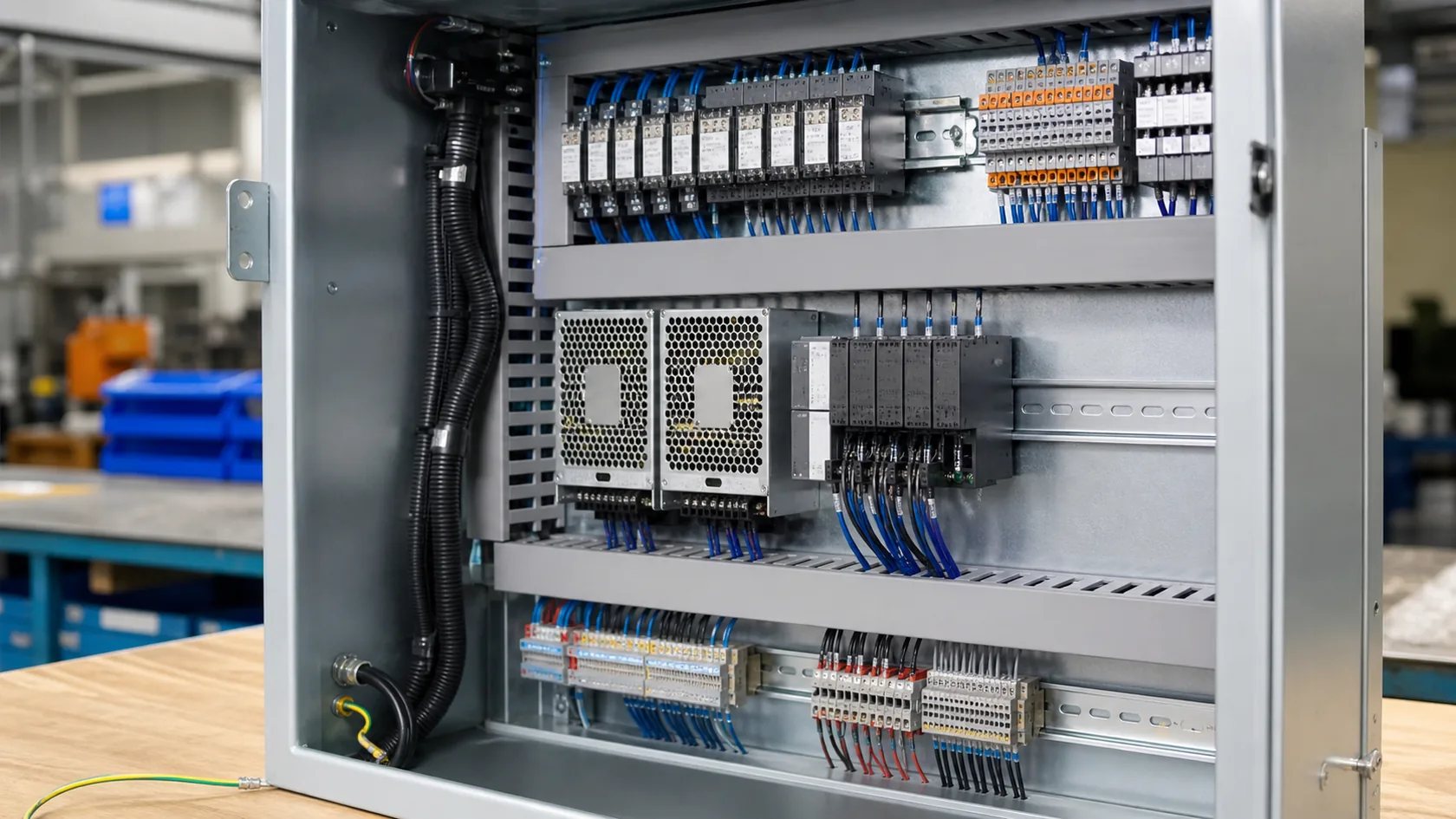 Organized internal layout inside a custom electrical control enclosure
