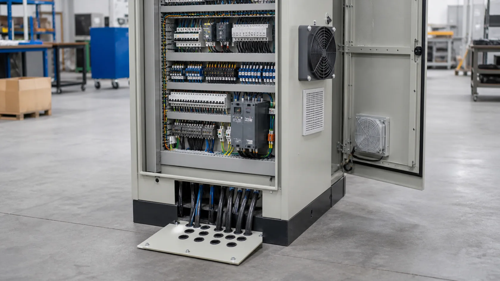 Floor-standing electrical cabinet with bottom cable entry and service access