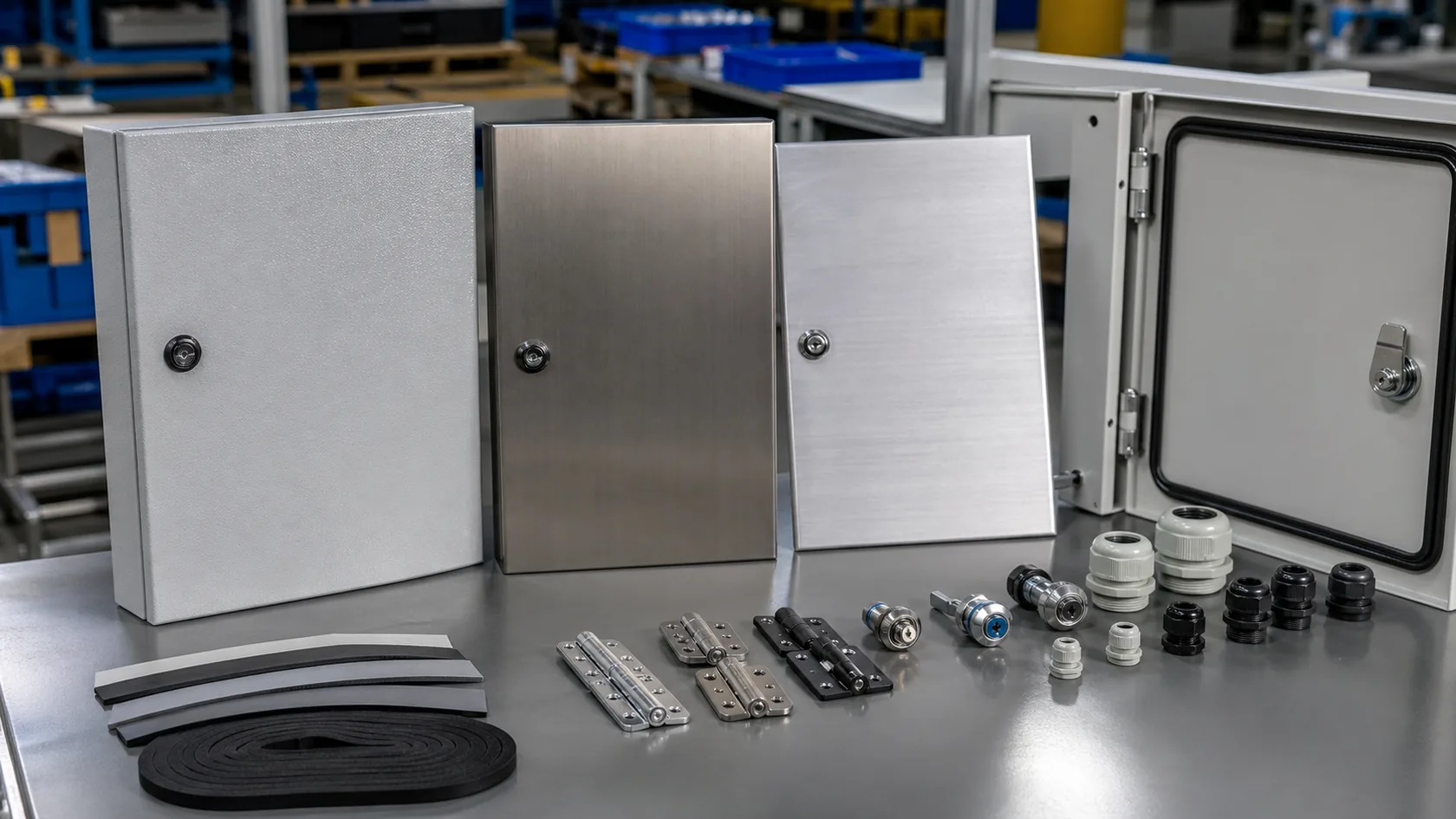 Electrical enclosure material samples gaskets hinges locks and cable glands on a QC bench
