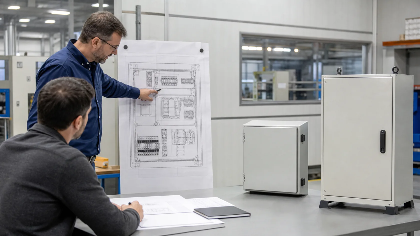 Engineer reviewing wall mount and floor standing enclosure options with a layout drawing