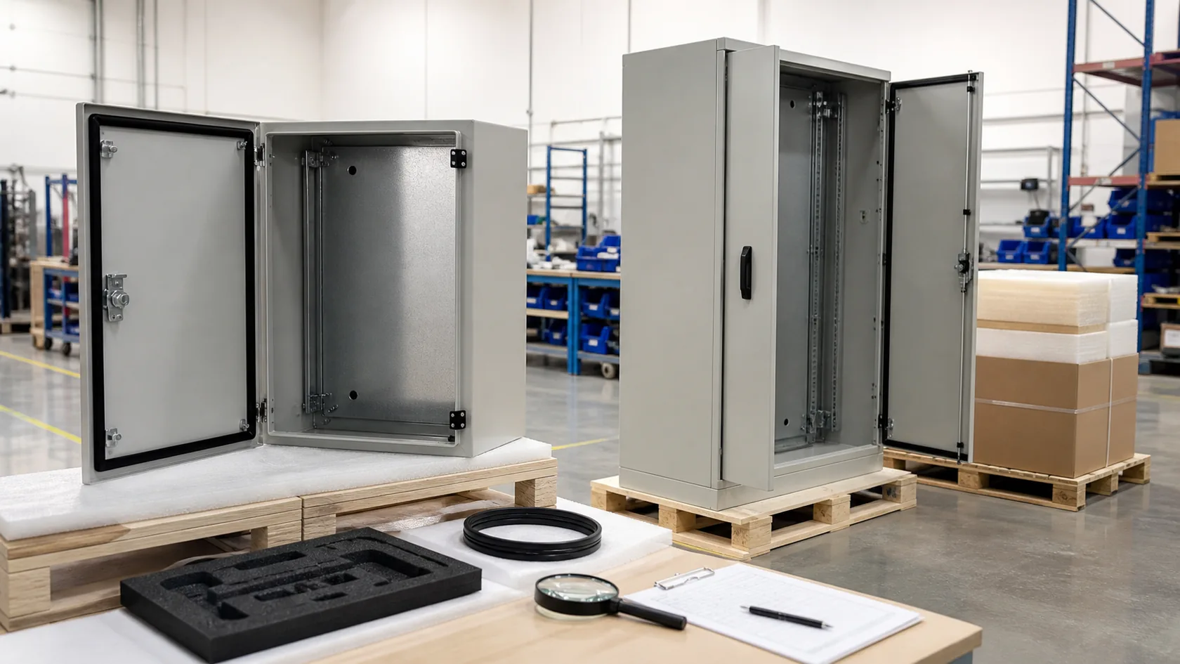 Finished wall-mounted and floor-standing electrical enclosures prepared for inspection and packing