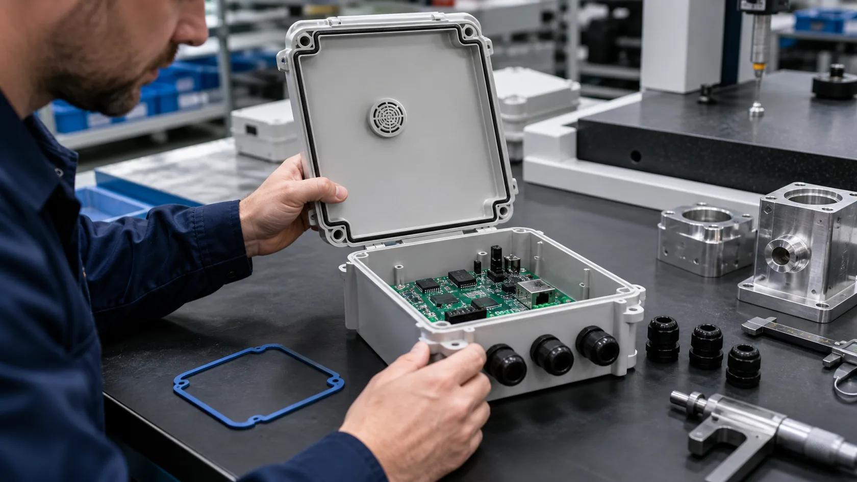 Factory engineer reviewing vented waterproof electronics enclosure