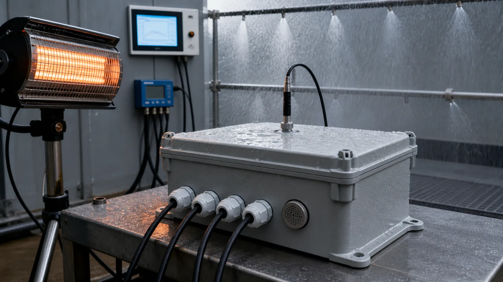Outdoor enclosure tested for rain heat pressure and venting