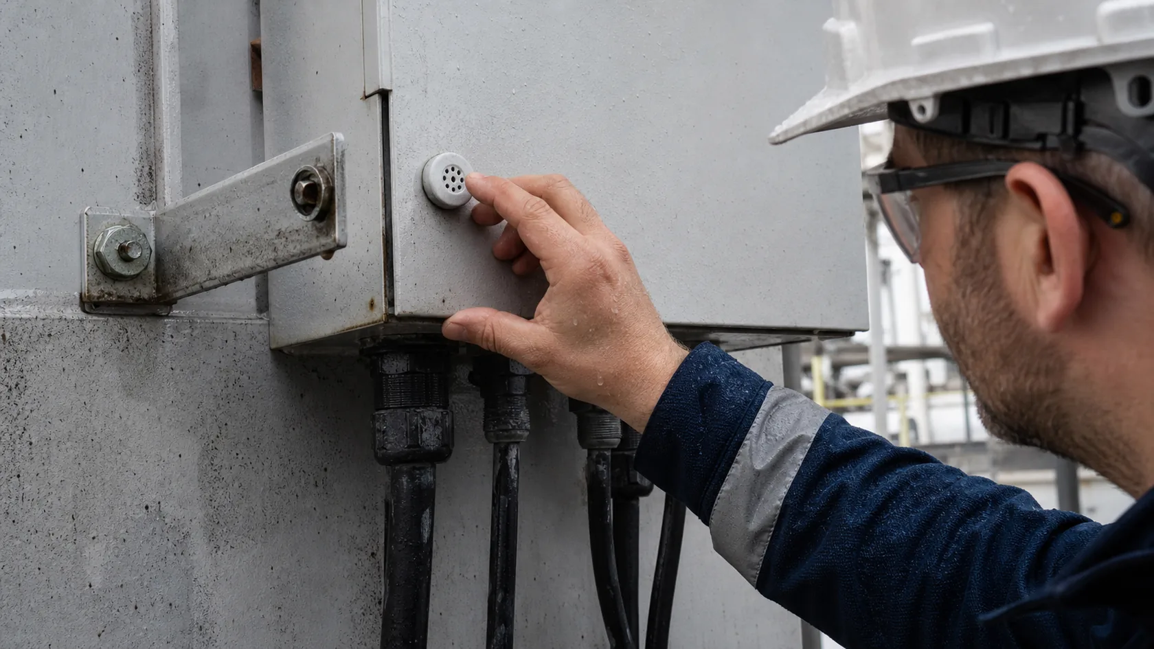 Technician checking risky vent placement on outdoor enclosure