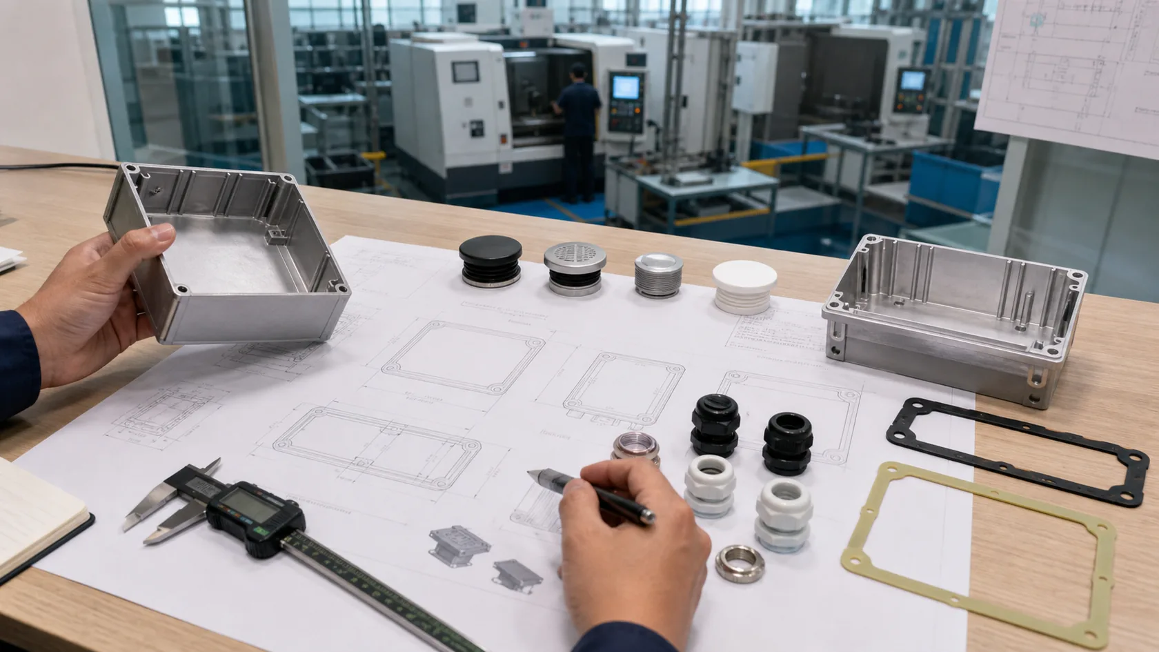 Engineering desk comparing vent types gasket samples and enclosure drawings
