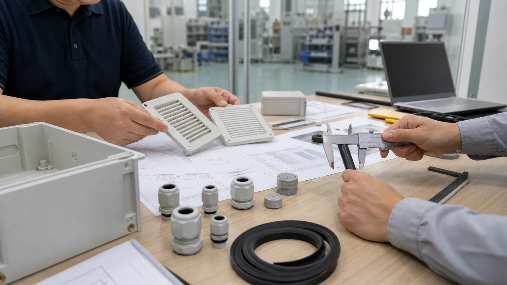 Supplier and buyer reviewing cable glands vents and project details