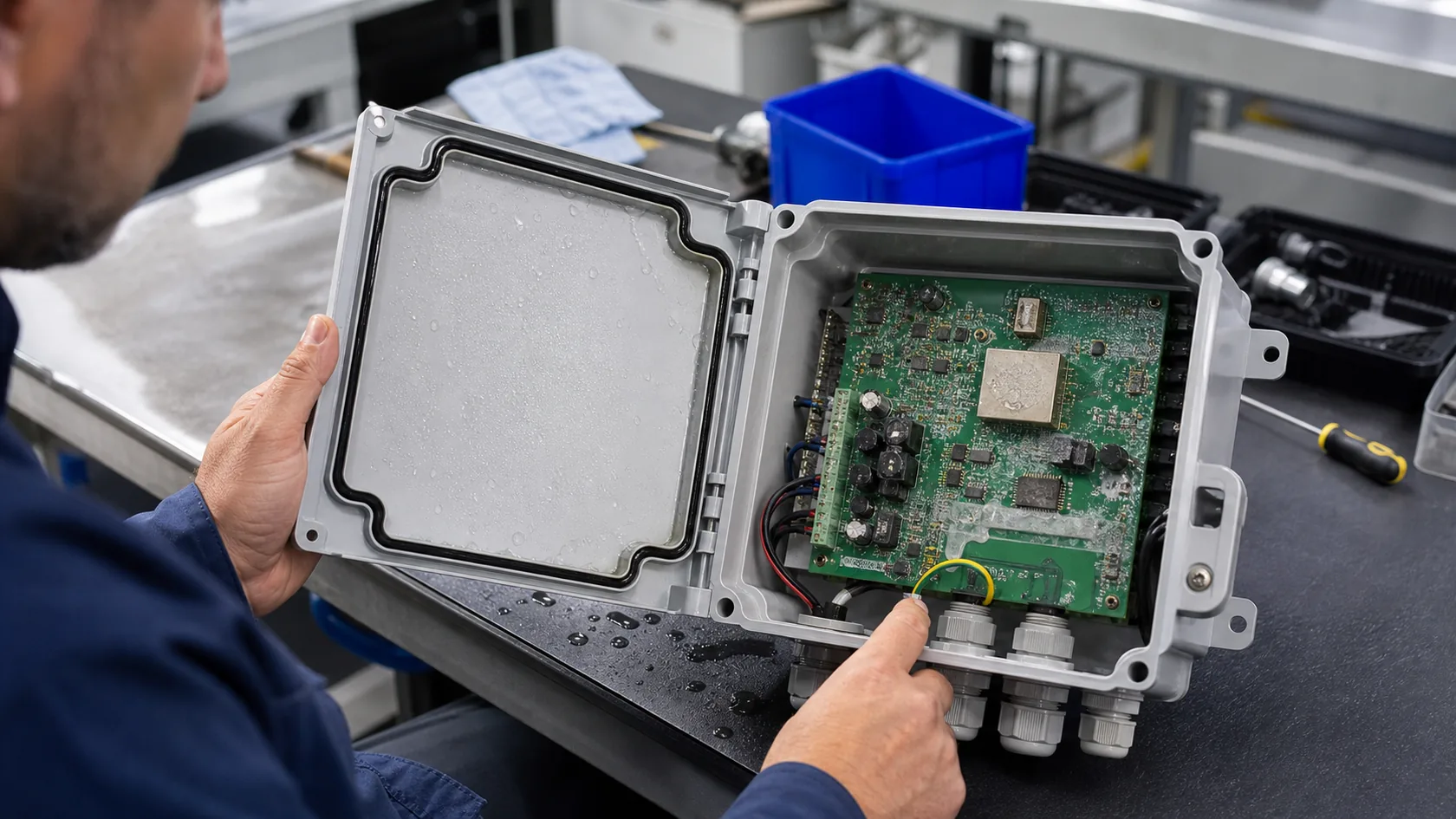 Factory engineer inspecting moisture damage inside an outdoor electronics enclosure
