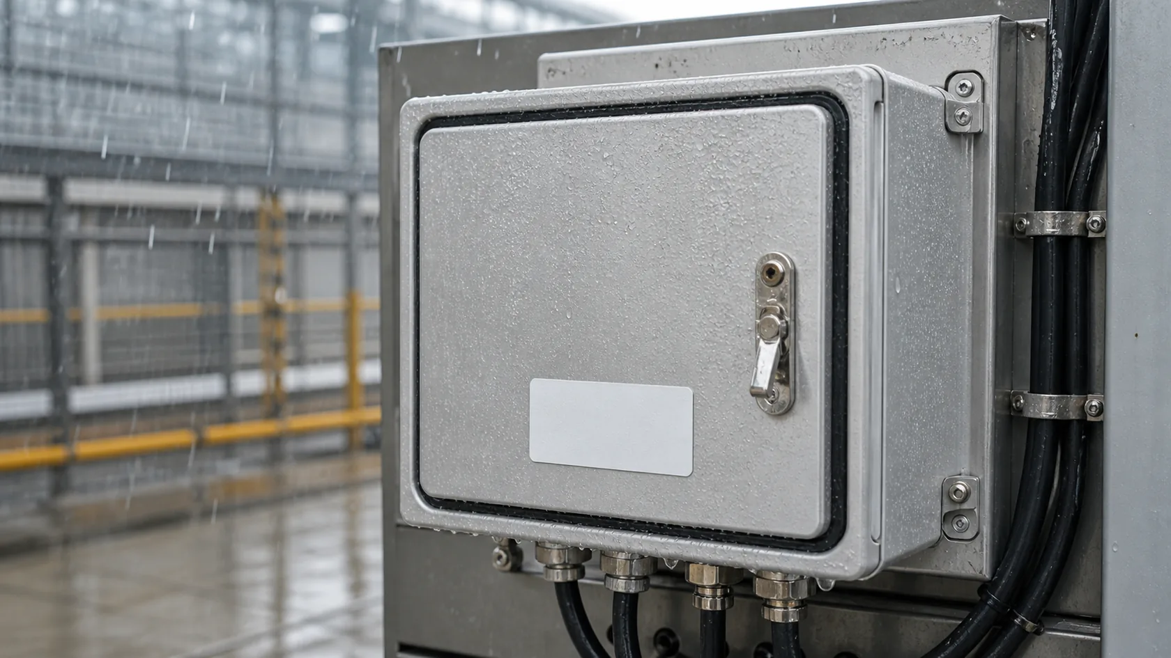 Outdoor enclosure under rain test with gasket and cable glands visible