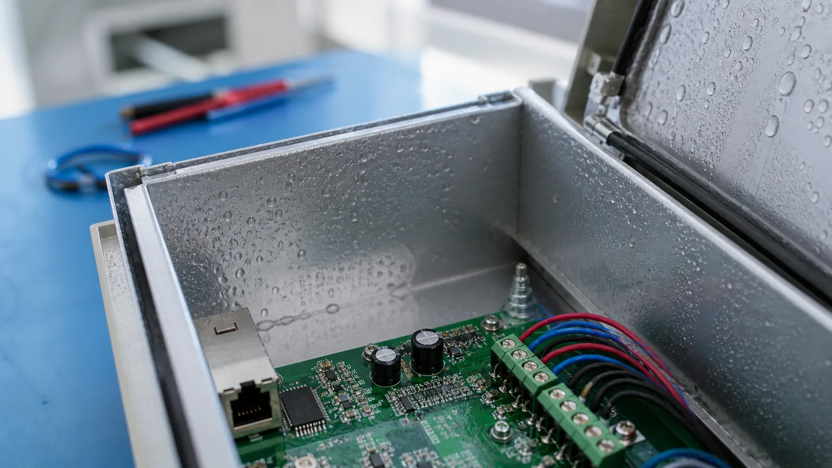 Condensation droplets inside a sealed metal electronics enclosure