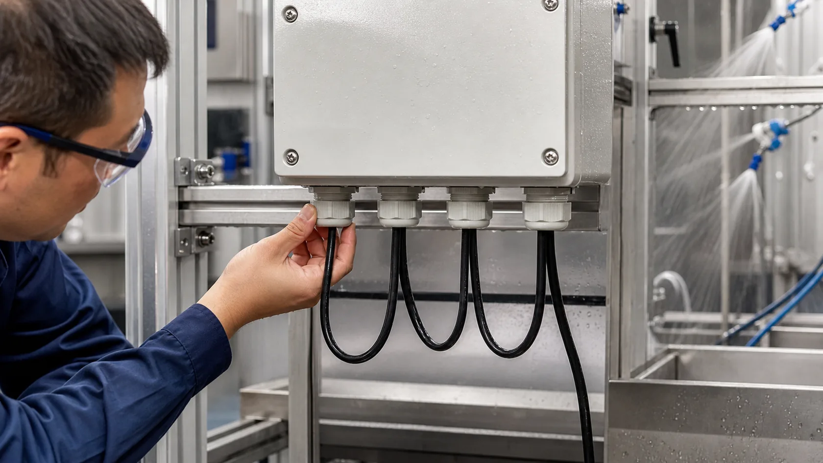 Technician checking cable glands and drip loops on an outdoor enclosure