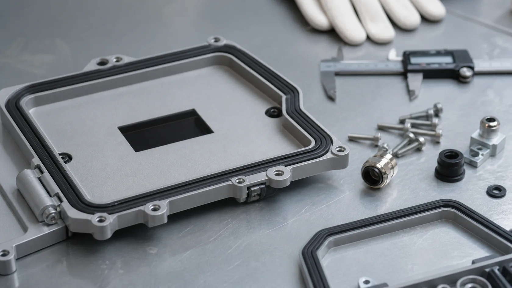 Gasket screws hinges and enclosure accessories prepared for QC inspection