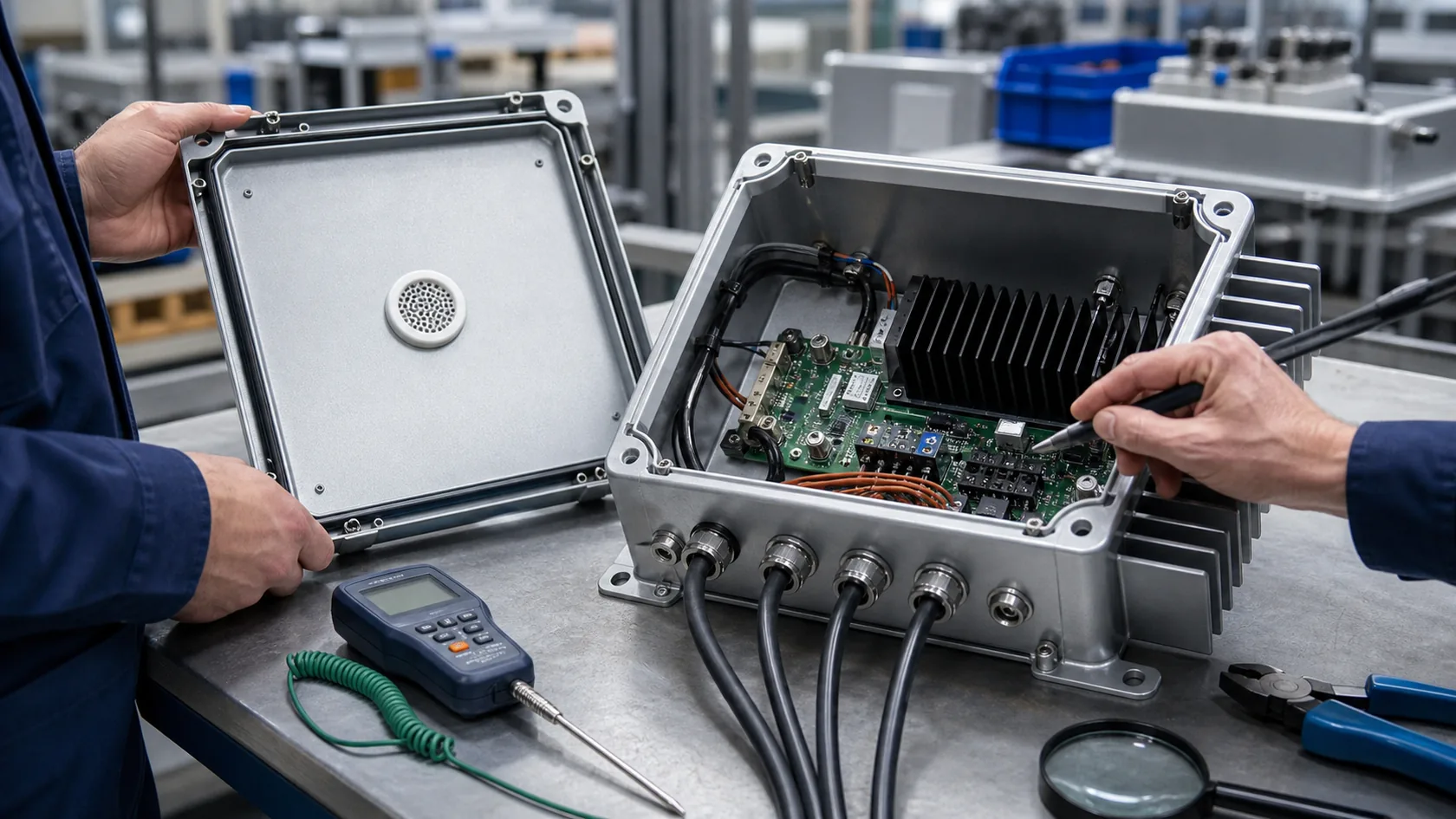 Outdoor electronics enclosure reviewed for venting heat and pressure control