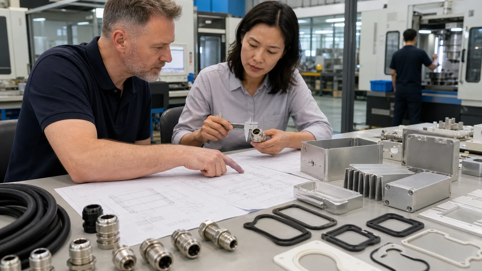 Supplier and buyer checking enclosure drawings cable glands and gasket samples