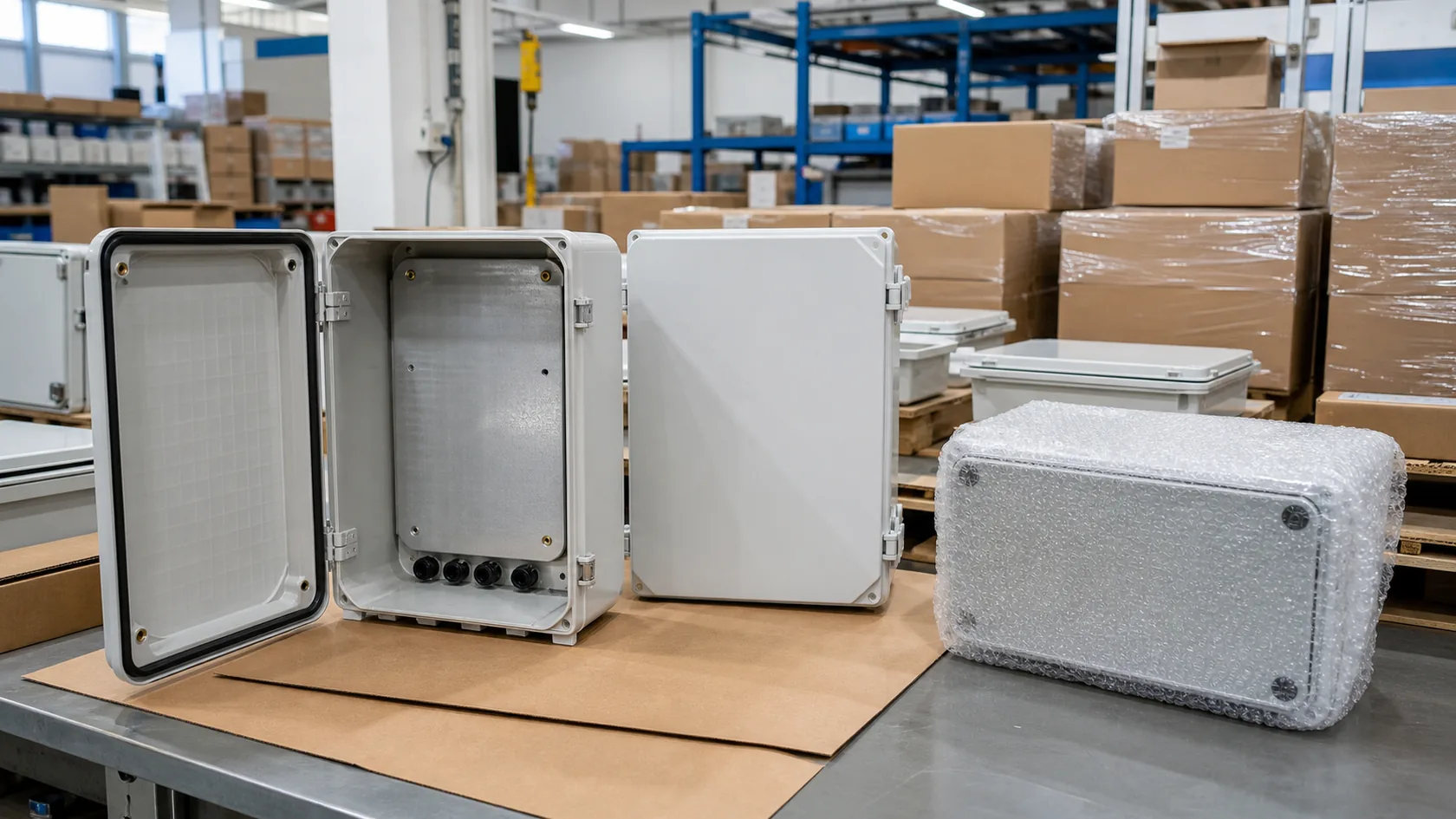Finished outdoor enclosures inspected and packed for shipment
