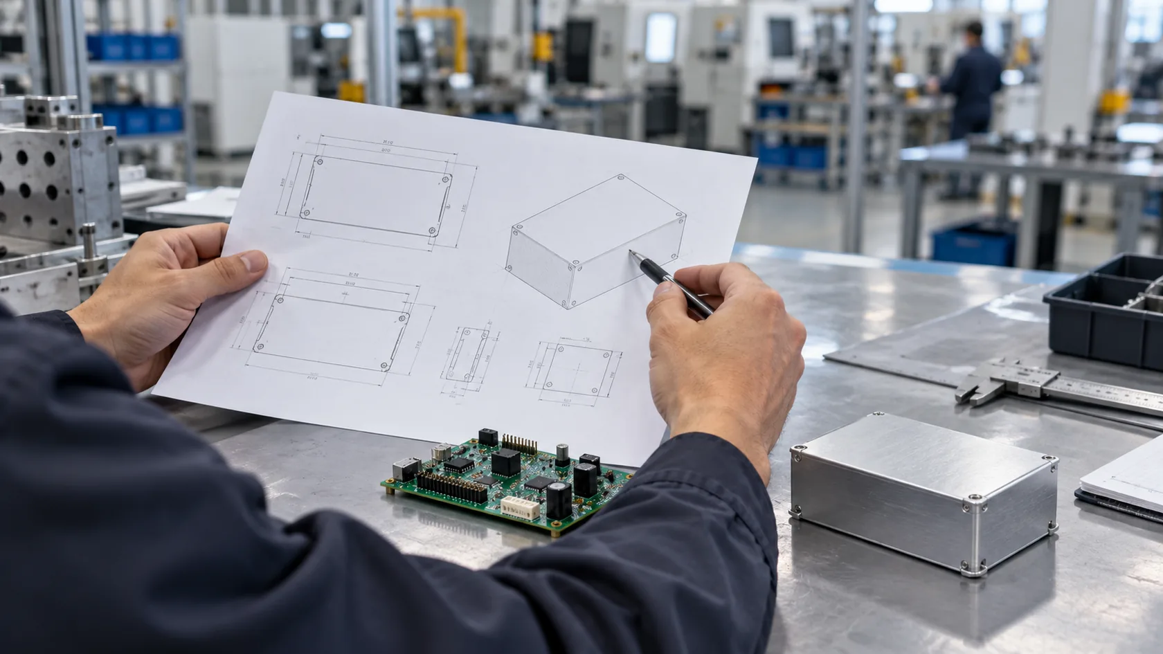 Engineer reviewing an electronic enclosure application brief and PCB