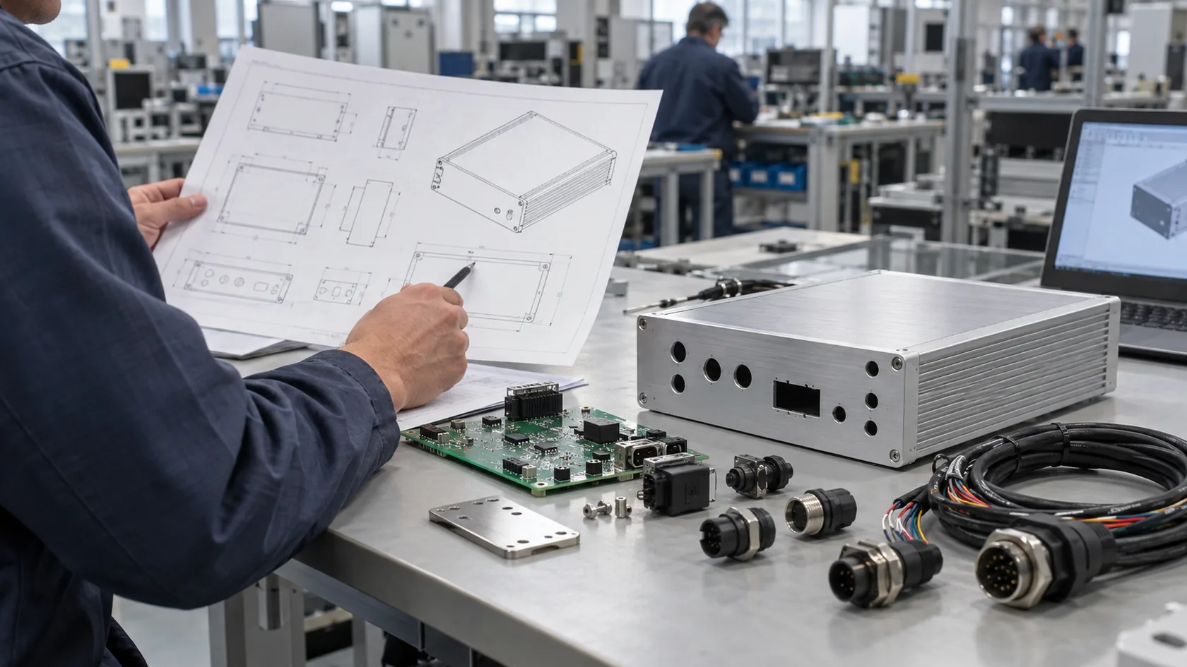 Engineer reviewing a custom enclosure interface map with PCB and connectors
