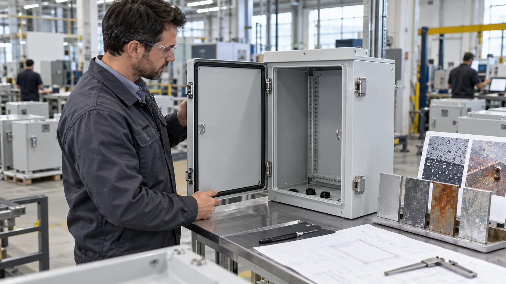 Factory engineer reviewing a corrosion-exposed outdoor control enclosure