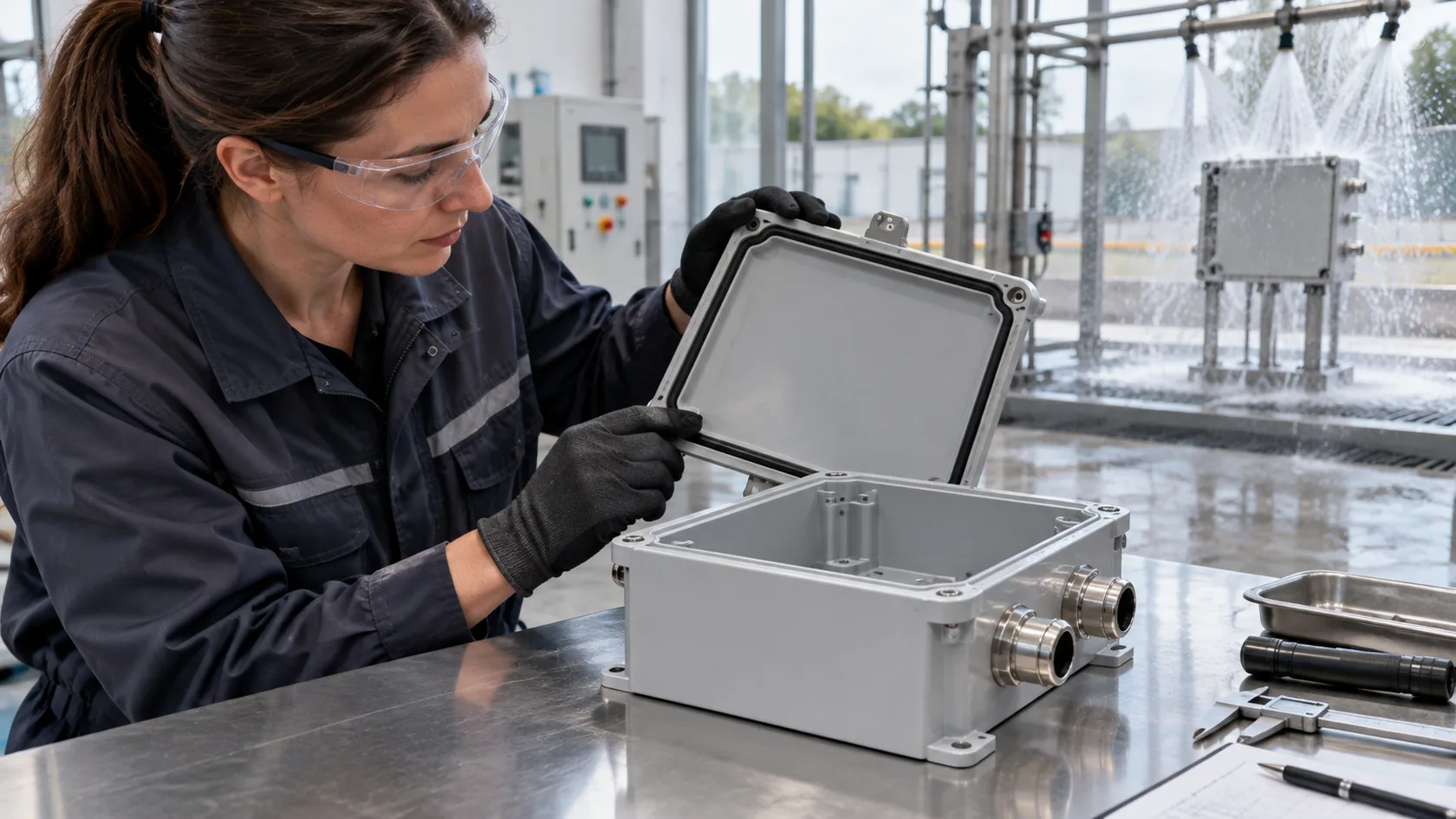 Factory engineer inspecting a gasketed industrial electrical enclosure
