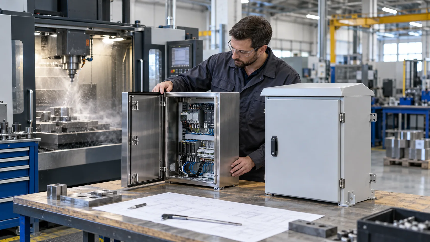 Engineer comparing industrial enclosures near a CNC coolant environment
