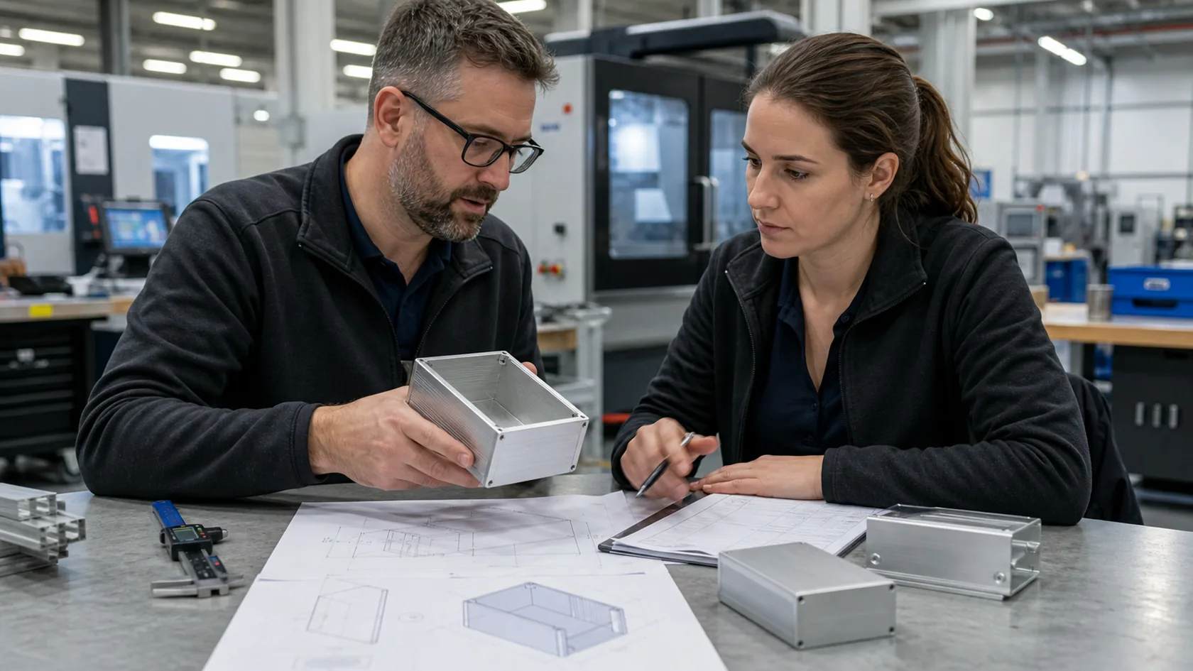 Factory engineer reviewing a low-volume custom enclosure design and cost plan