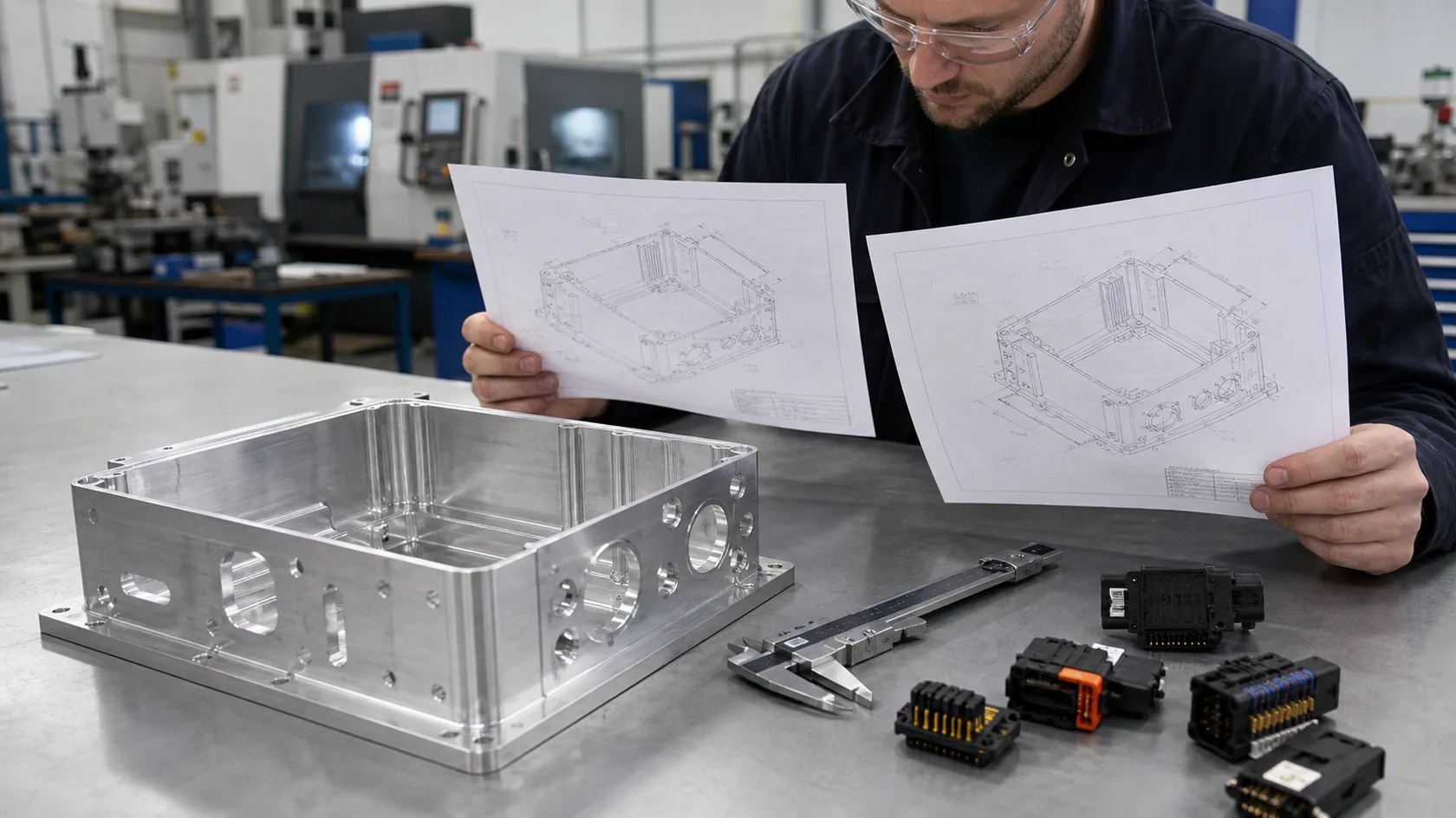 Engineer comparing enclosure CAD revisions beside a prototype