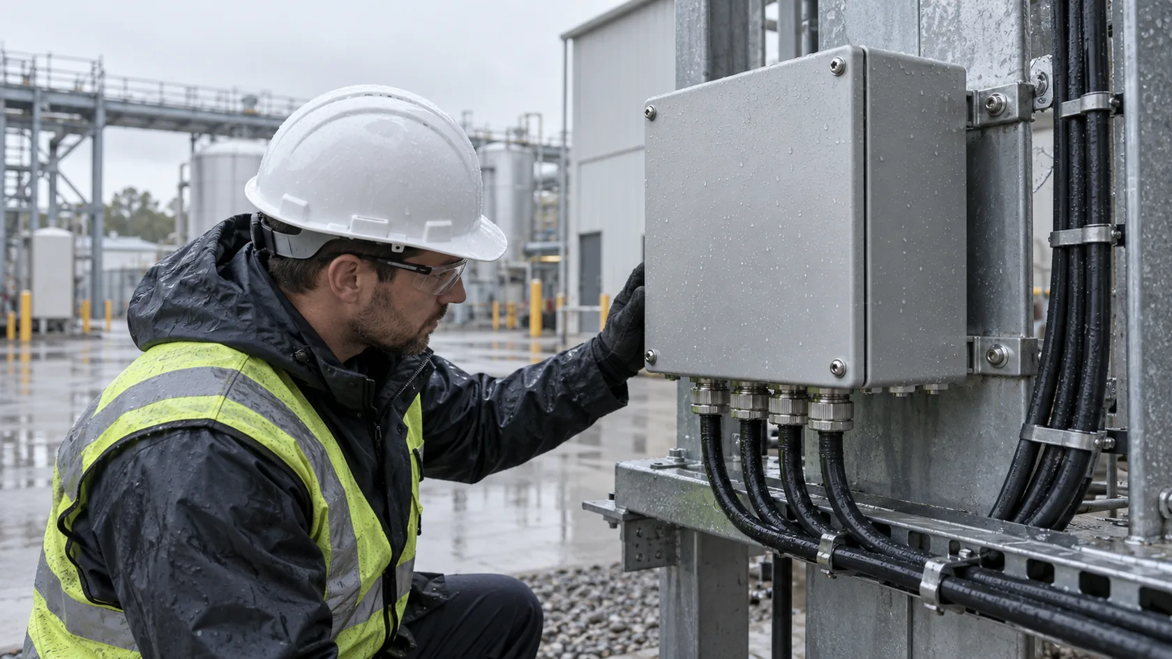 Engineer examining a sealed industrial enclosure with cable glands in a wet outdoor setting