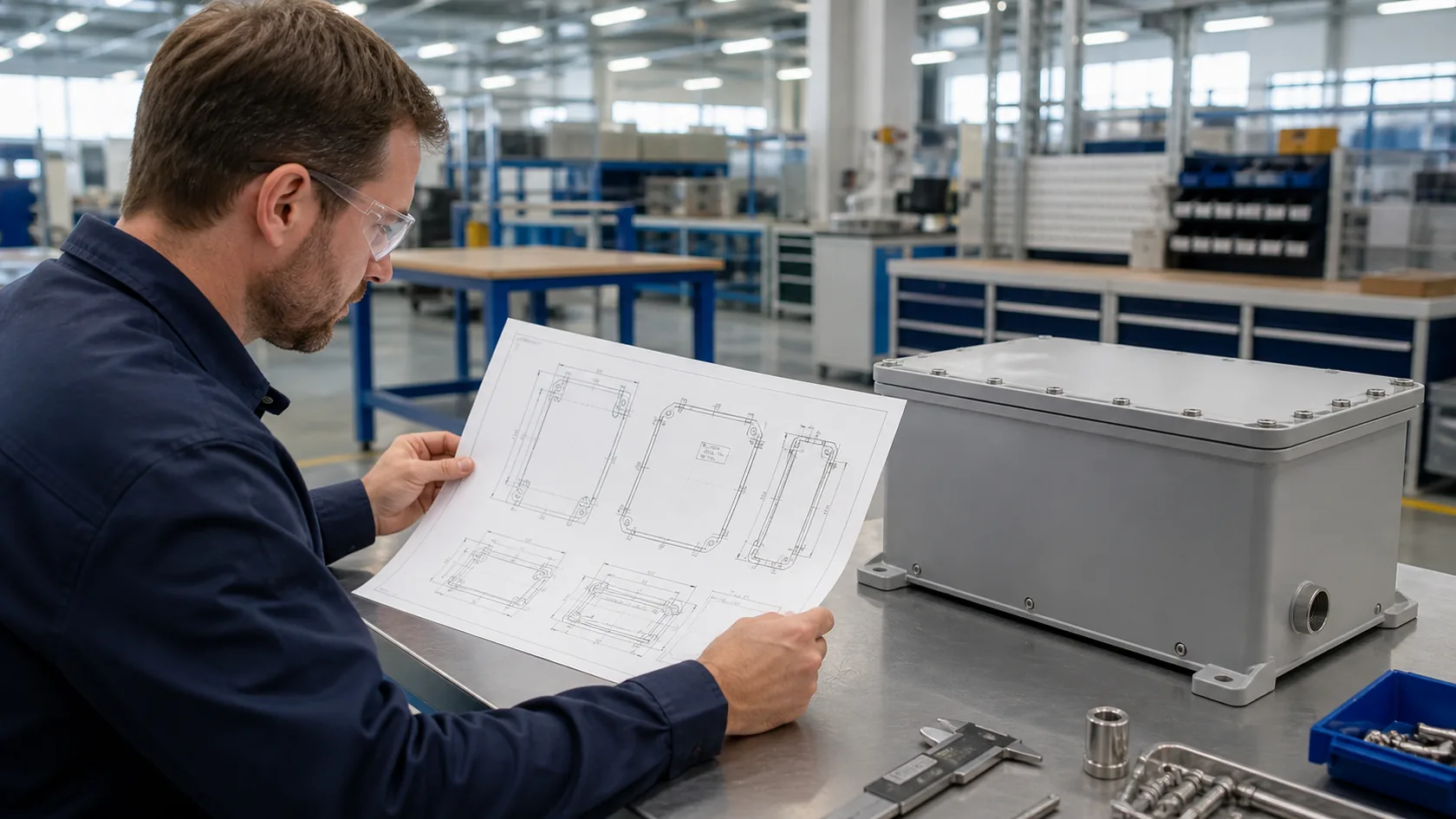 Engineer comparing IP and NEMA enclosure requirements on a production drawing