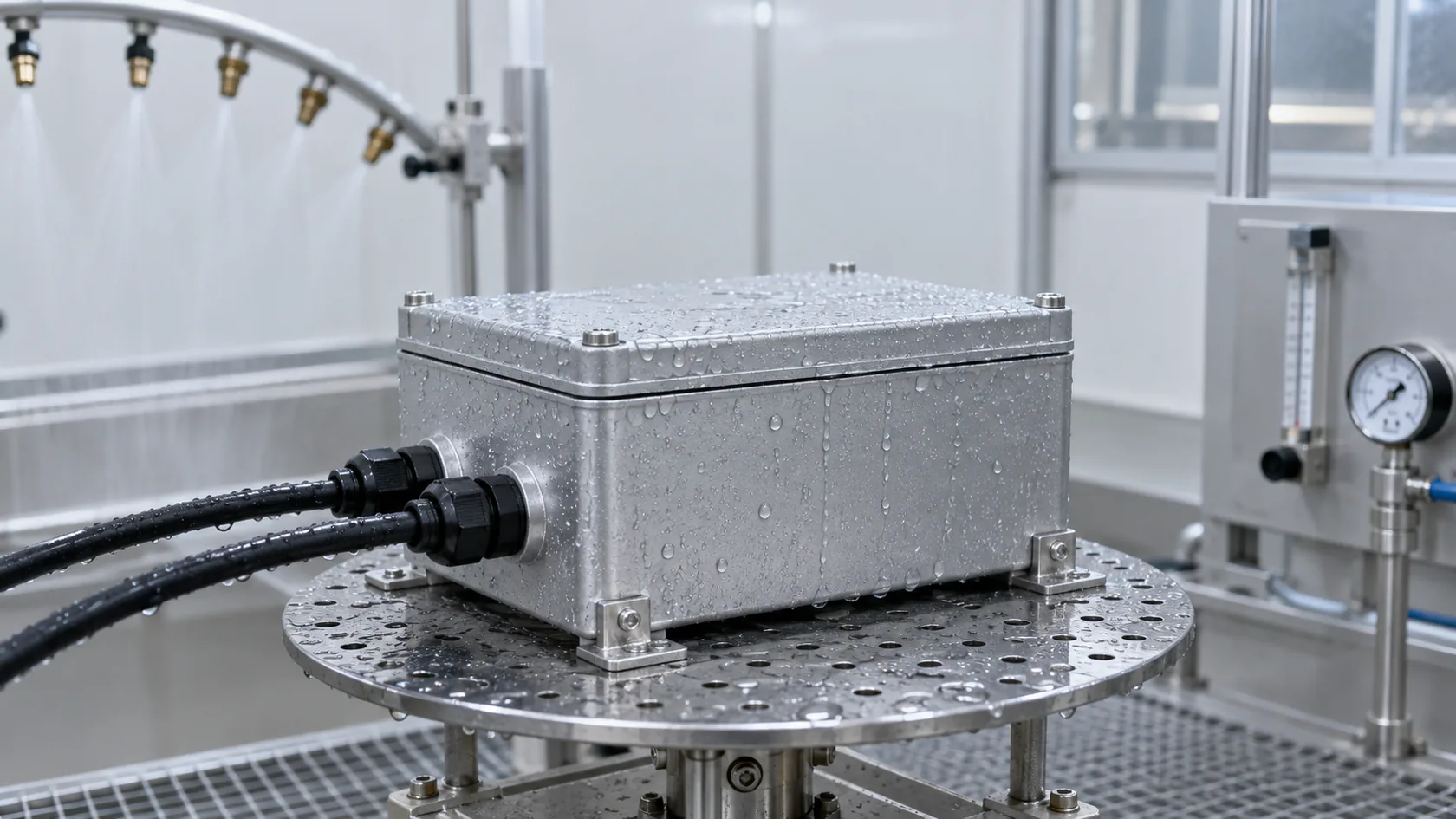 Industrial enclosure undergoing controlled water-ingress testing