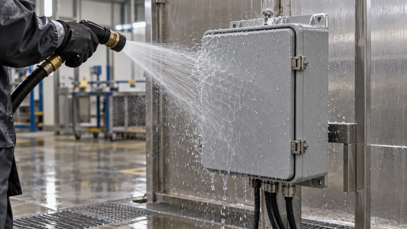 Gasketed industrial electrical enclosure undergoing hose-directed water testing
