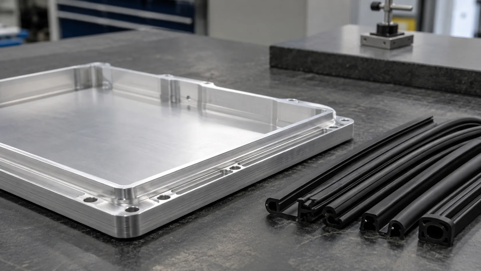 Sealed aluminum enclosure cover beside production gasket profiles