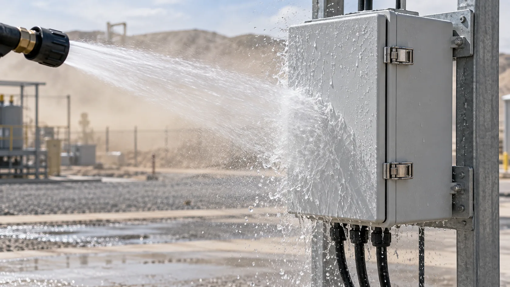Gasketed enclosure resisting hose-directed water during an outdoor test
