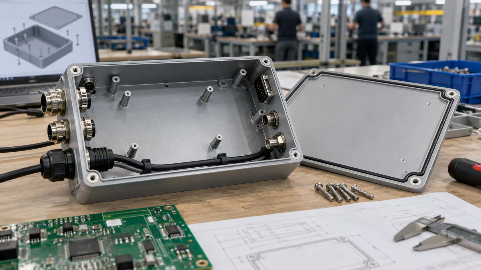 Open electronic enclosure showing PCB, cable, connector, and lid clearance