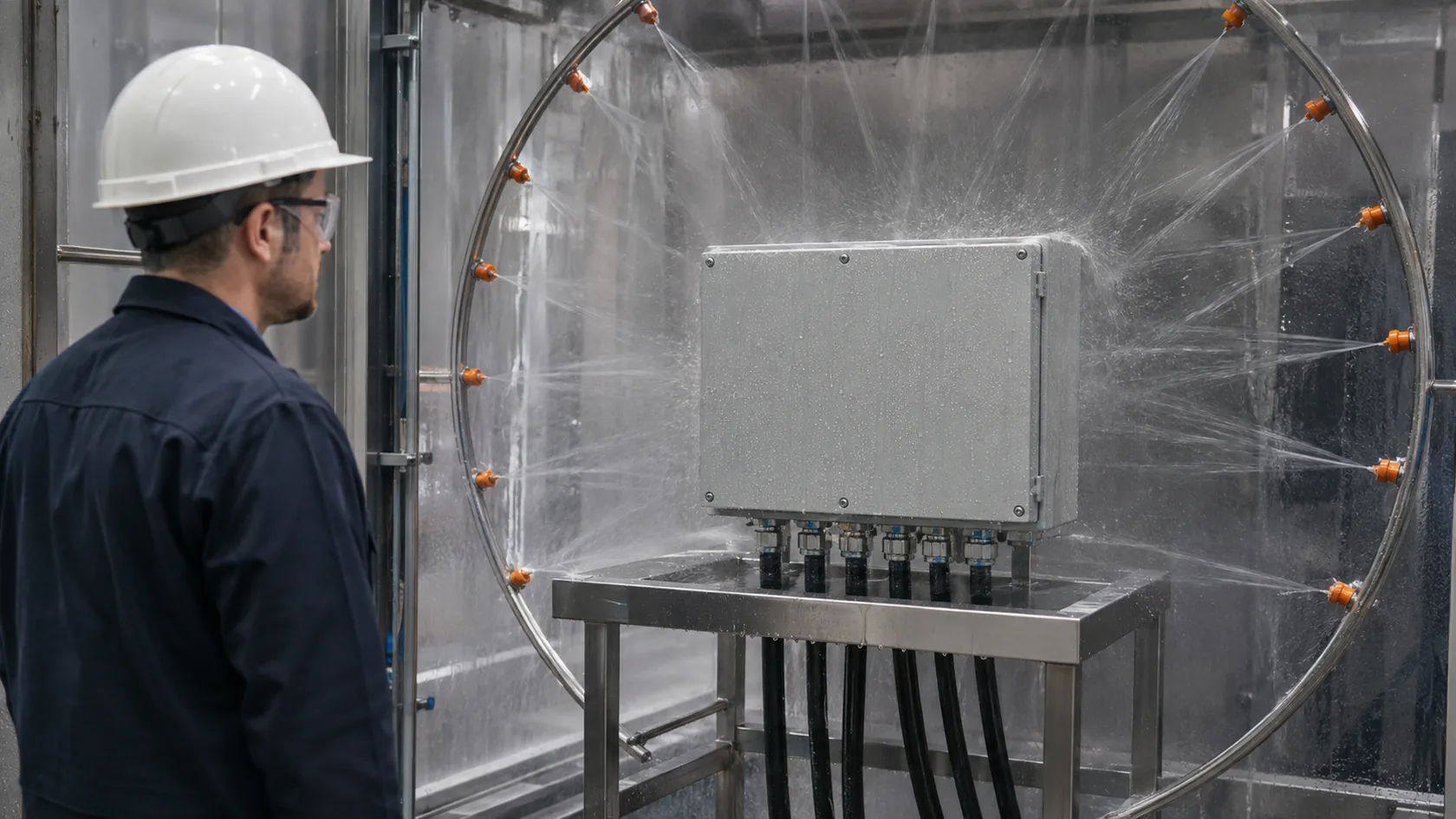 Fully assembled enclosure undergoing a controlled water-ingress inspection