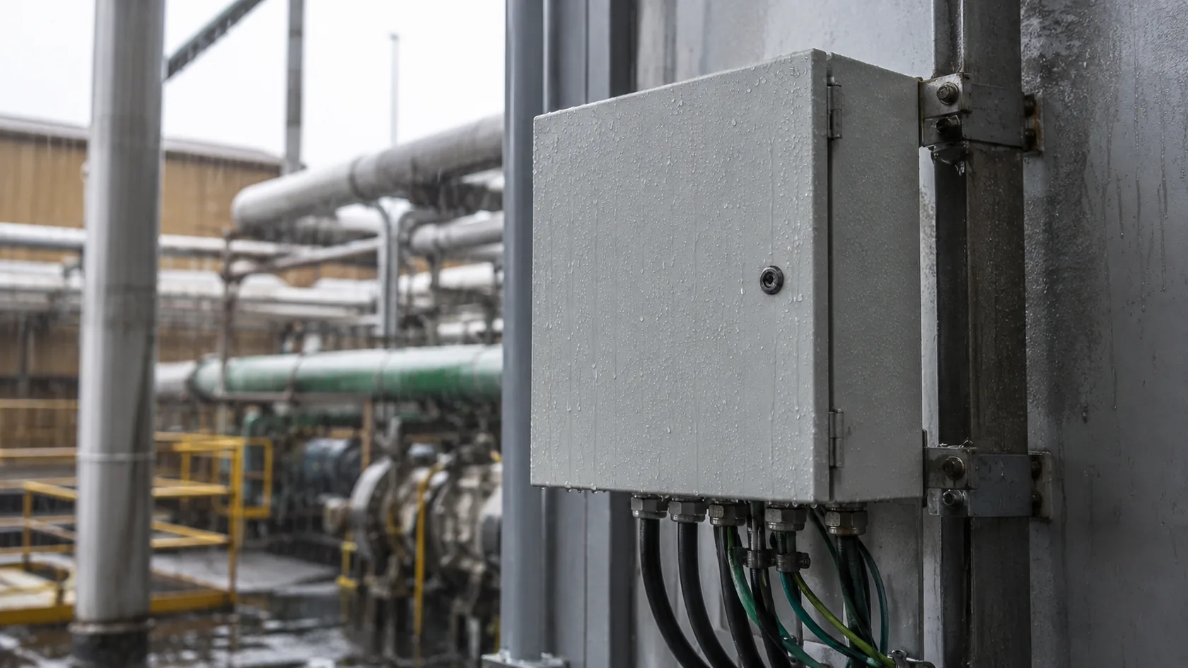 Outdoor industrial enclosure exposed to natural rainfall and realistic cable entry conditions