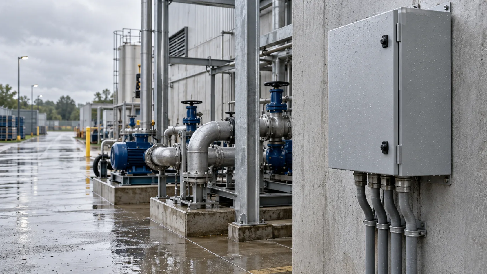 Outdoor pump station control enclosure with sealed bottom cable entries