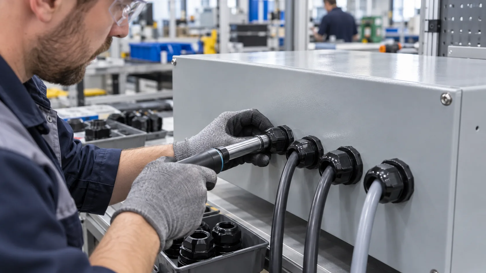 Technician installing cable glands on a sealed industrial enclosure