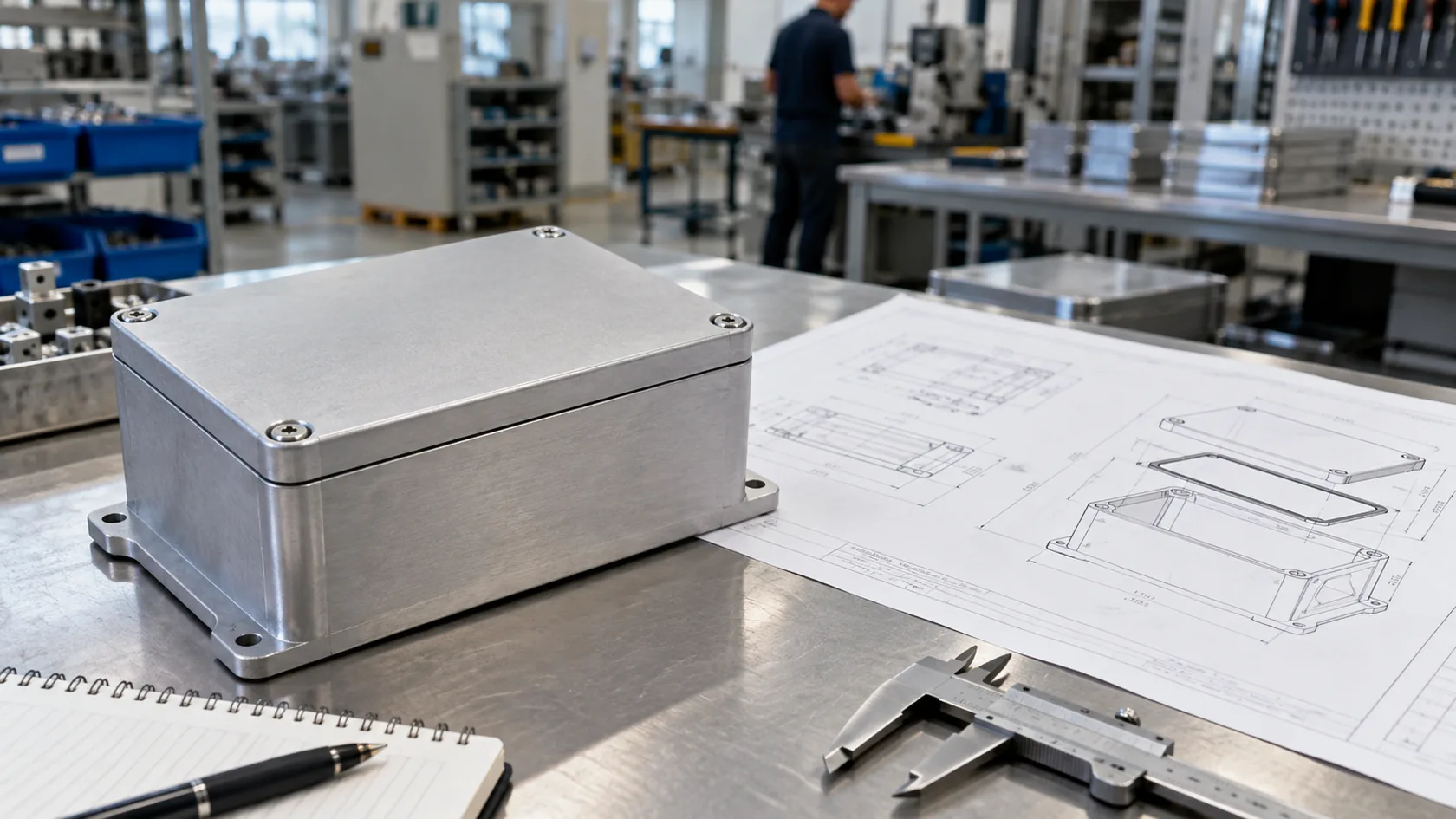 Industrial enclosure sample beside a technical drawing explaining the IP code