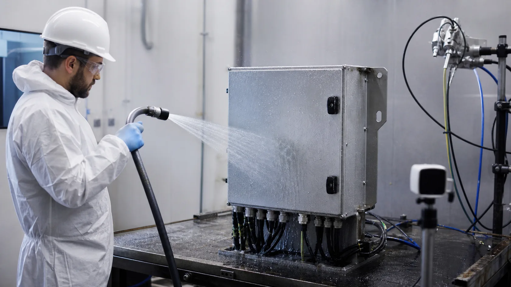 Technician testing a sealed electrical enclosure for dust and water ingress