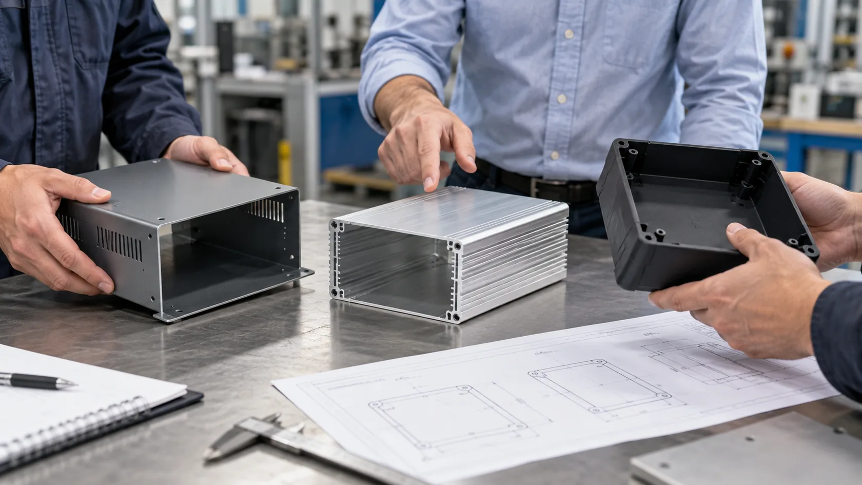 Factory team comparing enclosure manufacturing processes and production samples