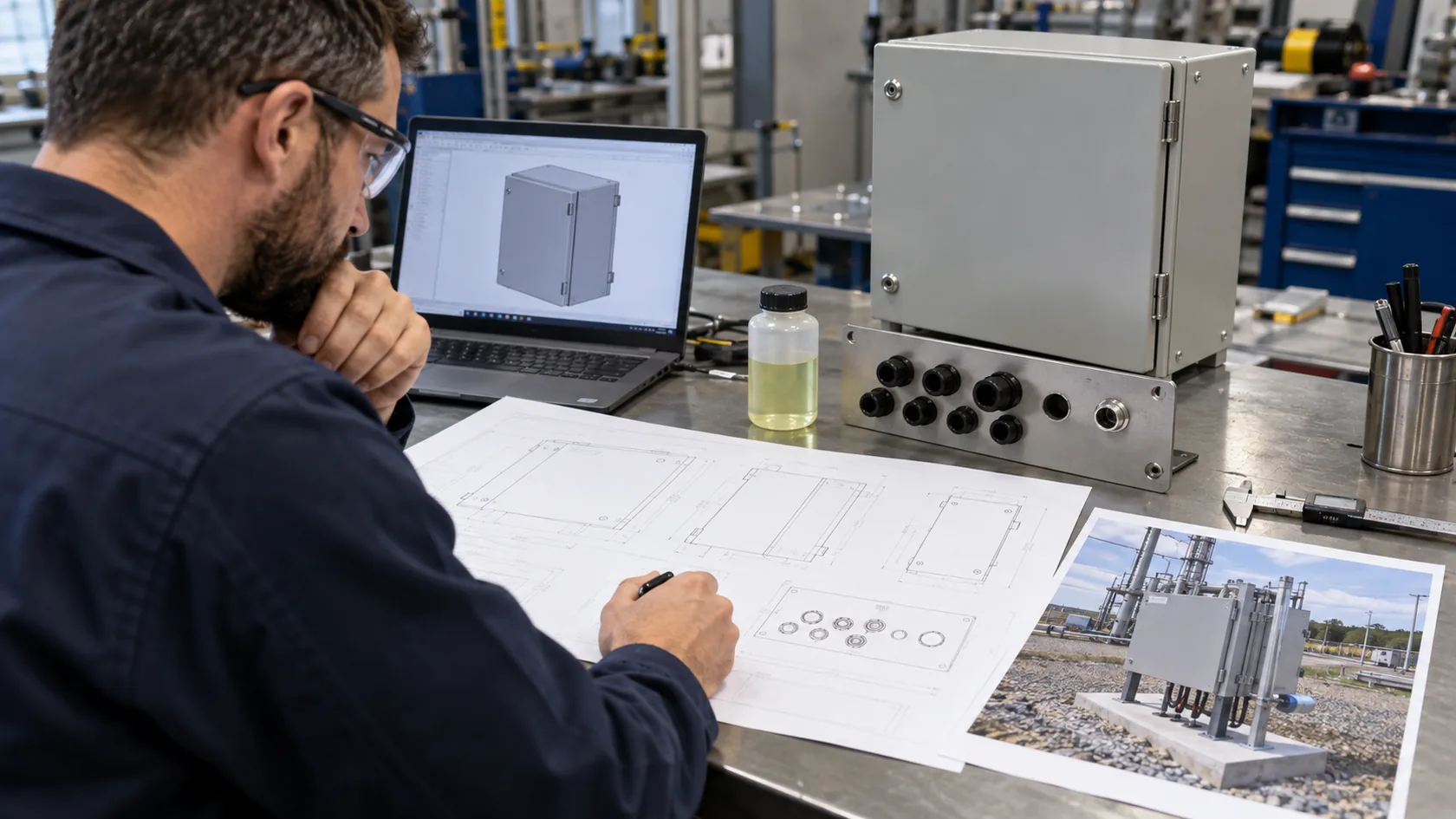 Engineer reviewing enclosure exposure and cable-entry requirements