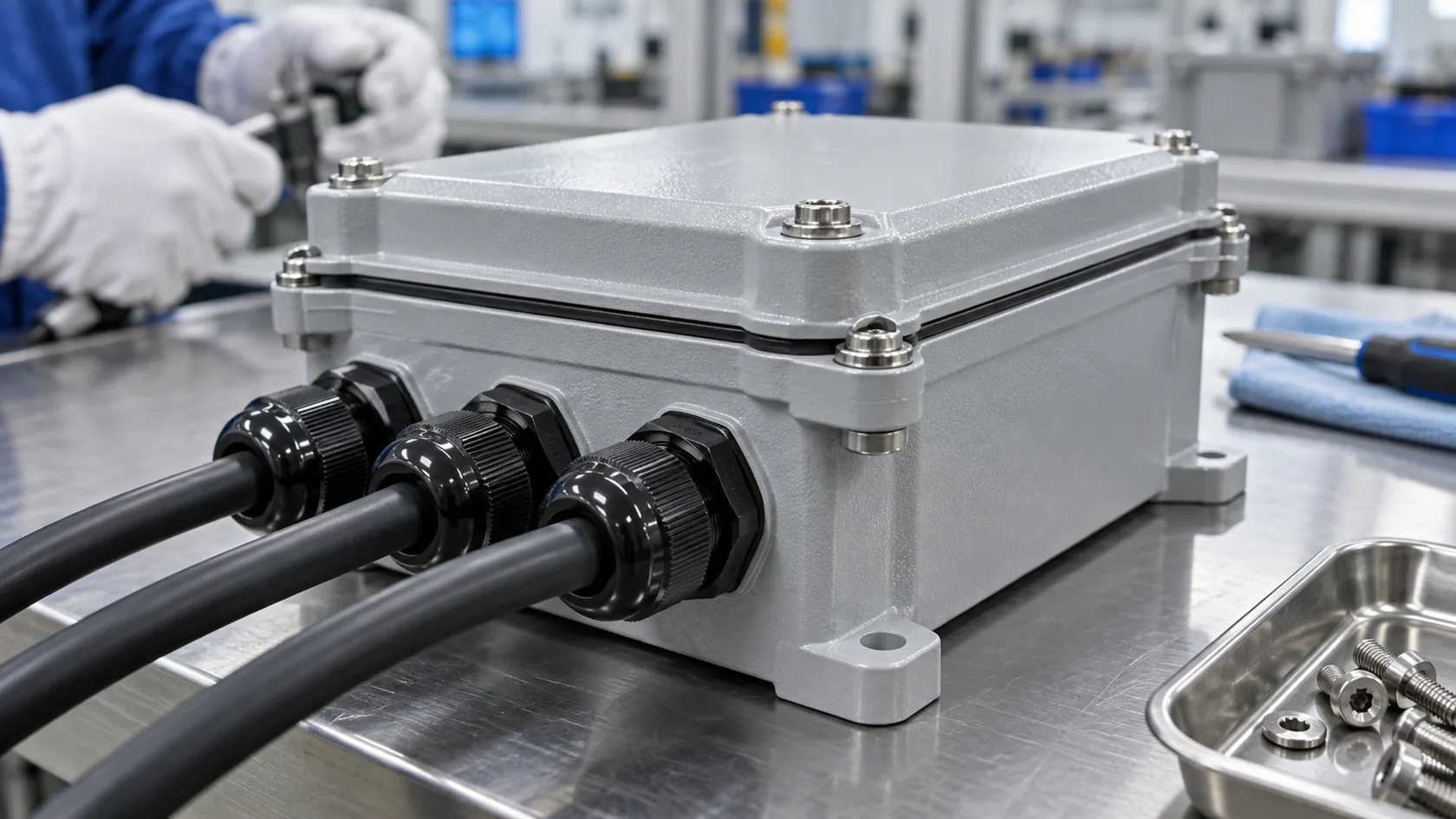 Gasketed industrial enclosure with cable glands and sealed cover joint
