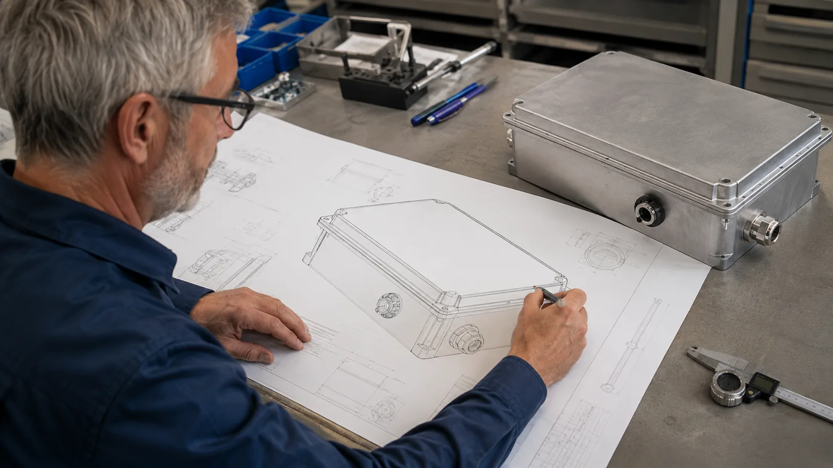 Engineer tracing enclosure joint, gland and vent sealing paths on a drawing