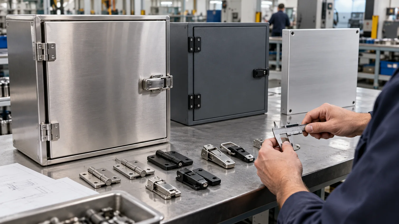 Stainless steel and coated steel enclosure material samples on inspection bench