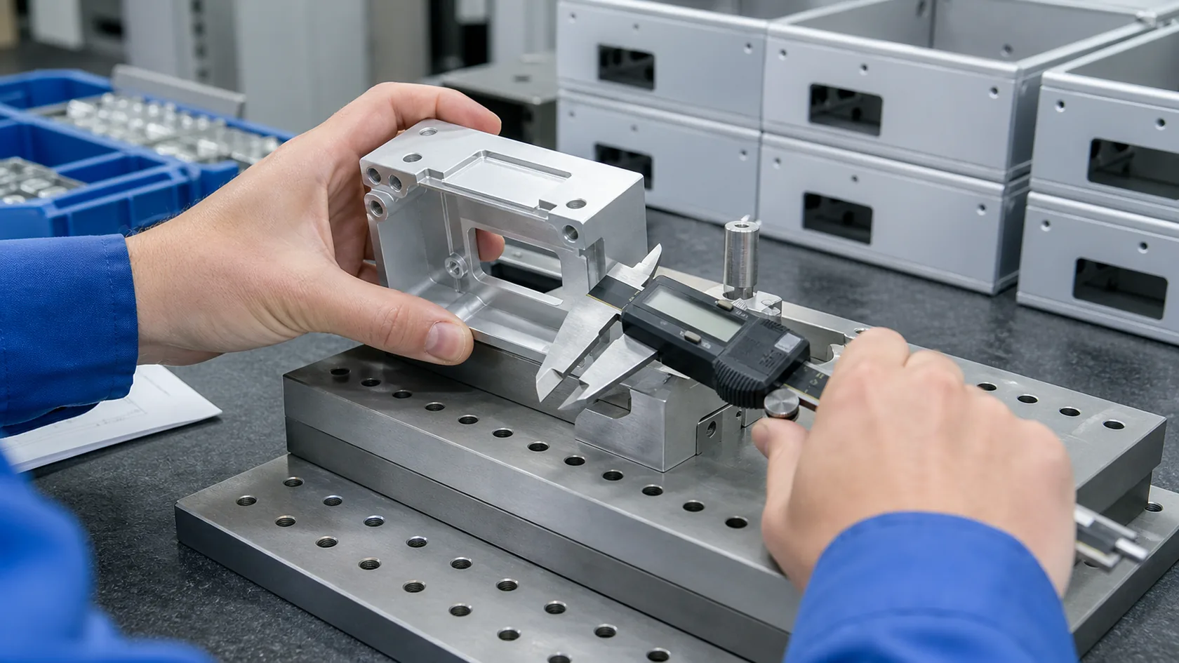 Quality technician measuring critical enclosure dimensions
