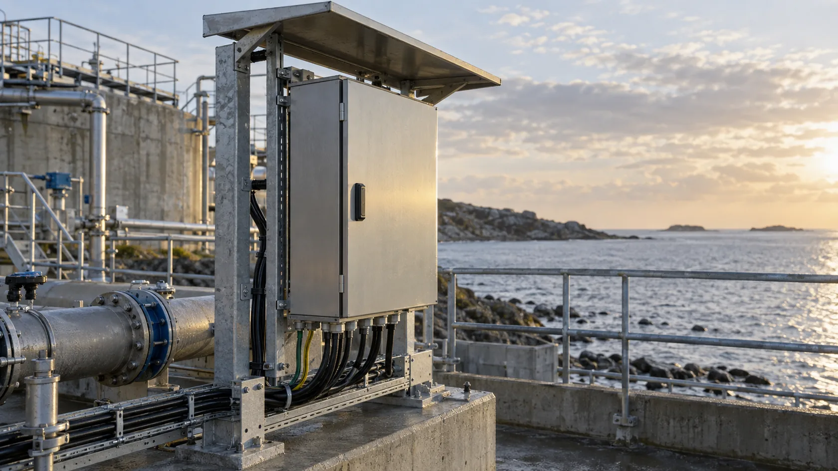 Outdoor industrial enclosure beside coastal equipment with salt-air exposure