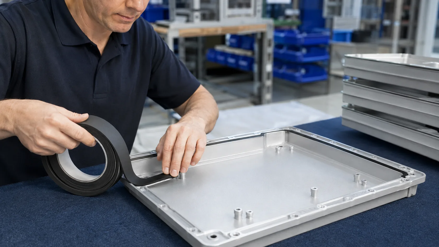 Closed-cell foam gasket applied around a powder-coated enclosure cover flange
